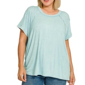 WASHED RIBBED CUFFED SHORT SLEEVE ROUND NECK TOP